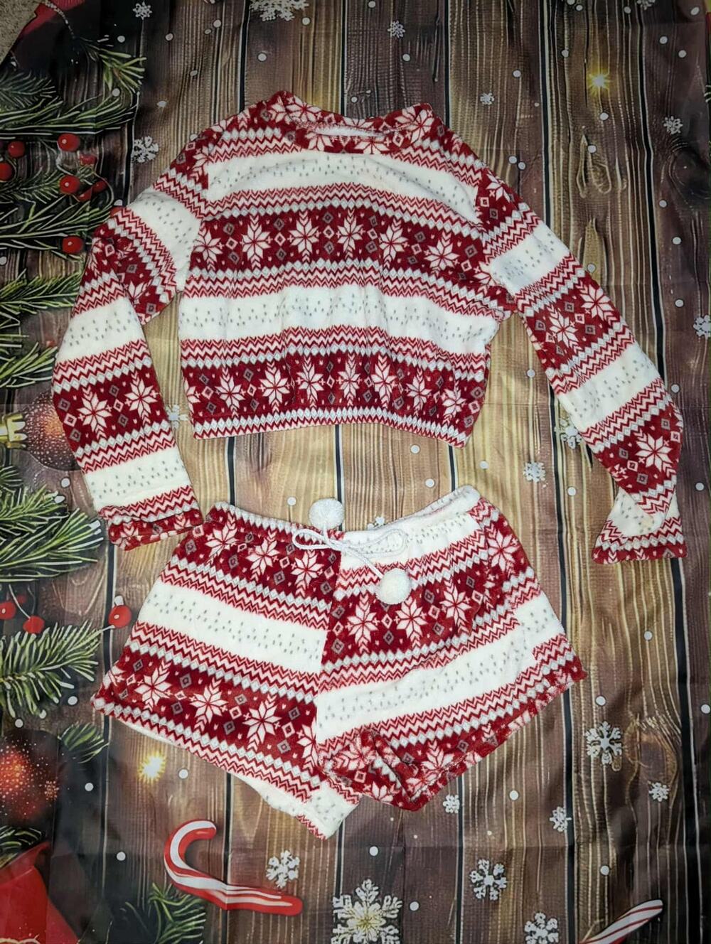 Womens XL 2Pcs Christmas Crop Top Hot Pants Shorts Pajamas Loungewear Set